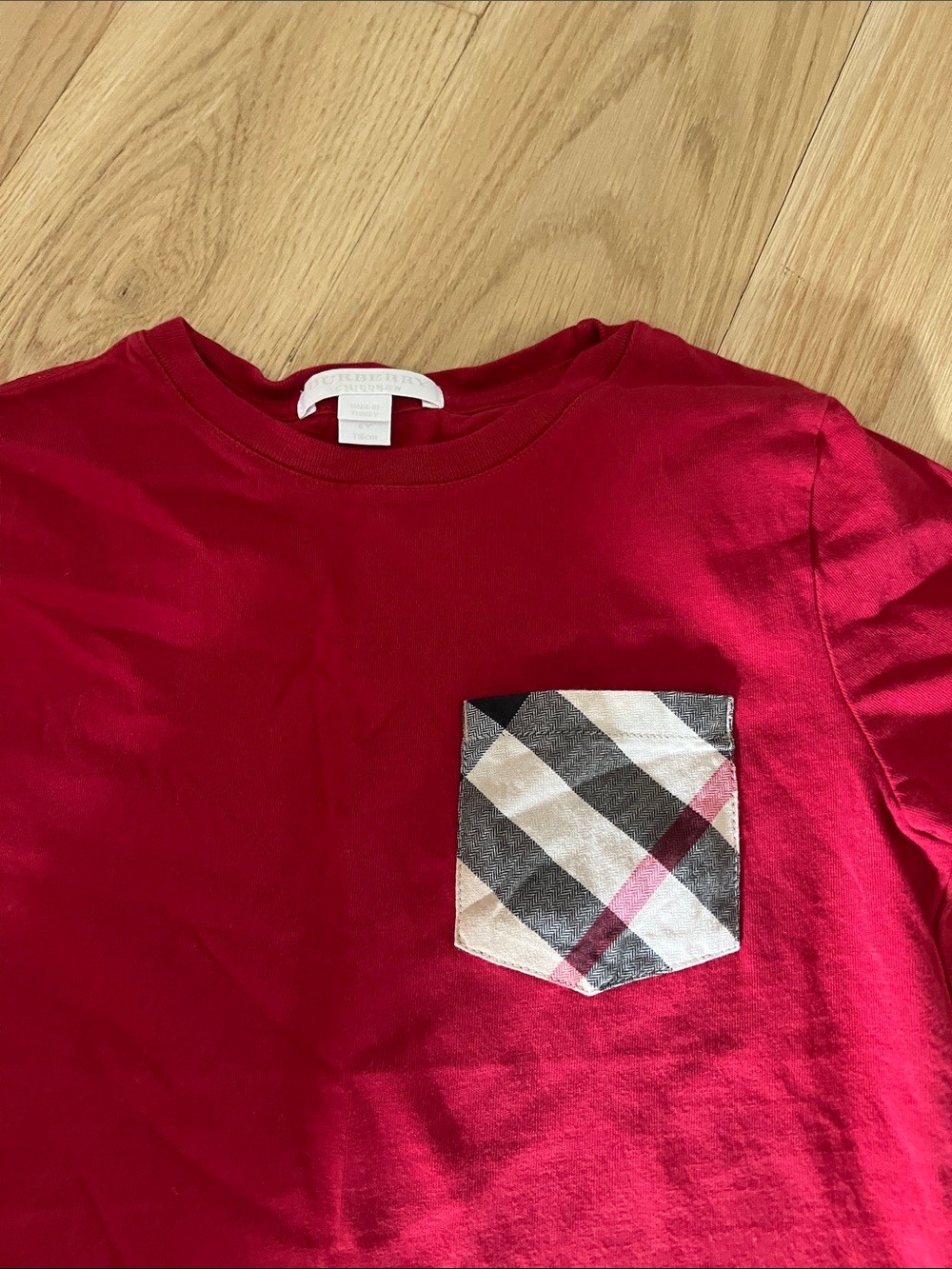 Burberry Red Kids Short Sleeve Tee with Plaid Pocket - Picture 2 of 3